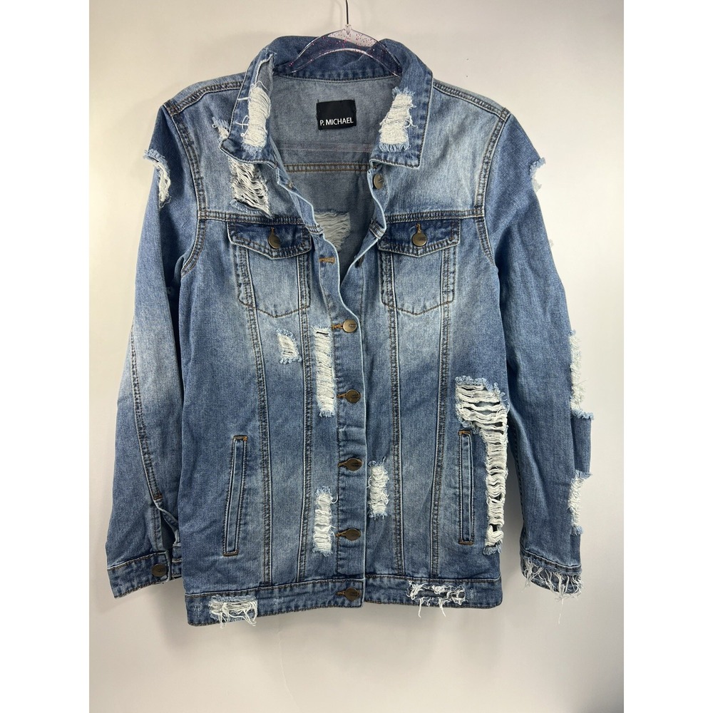 P Michael Jean Jacket Mens Size‎ S Blue Distressed Collared Button Down